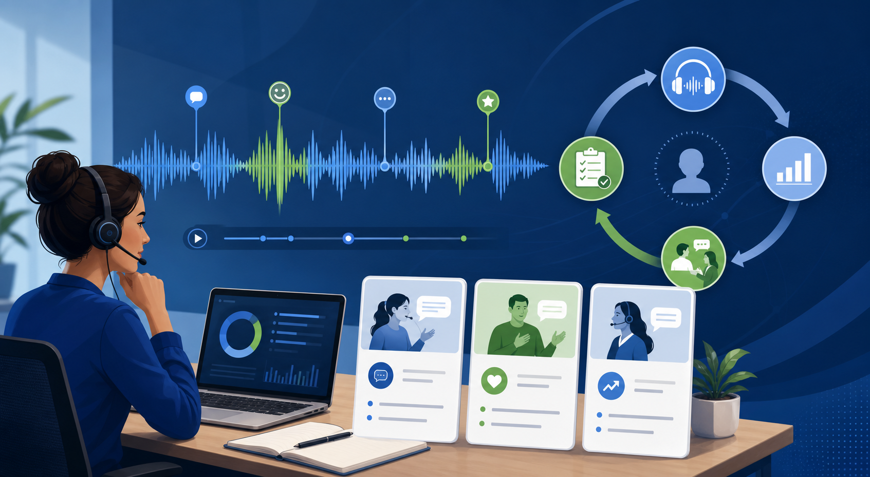Call quality coaching example selection for outsourced callers editorial illustration