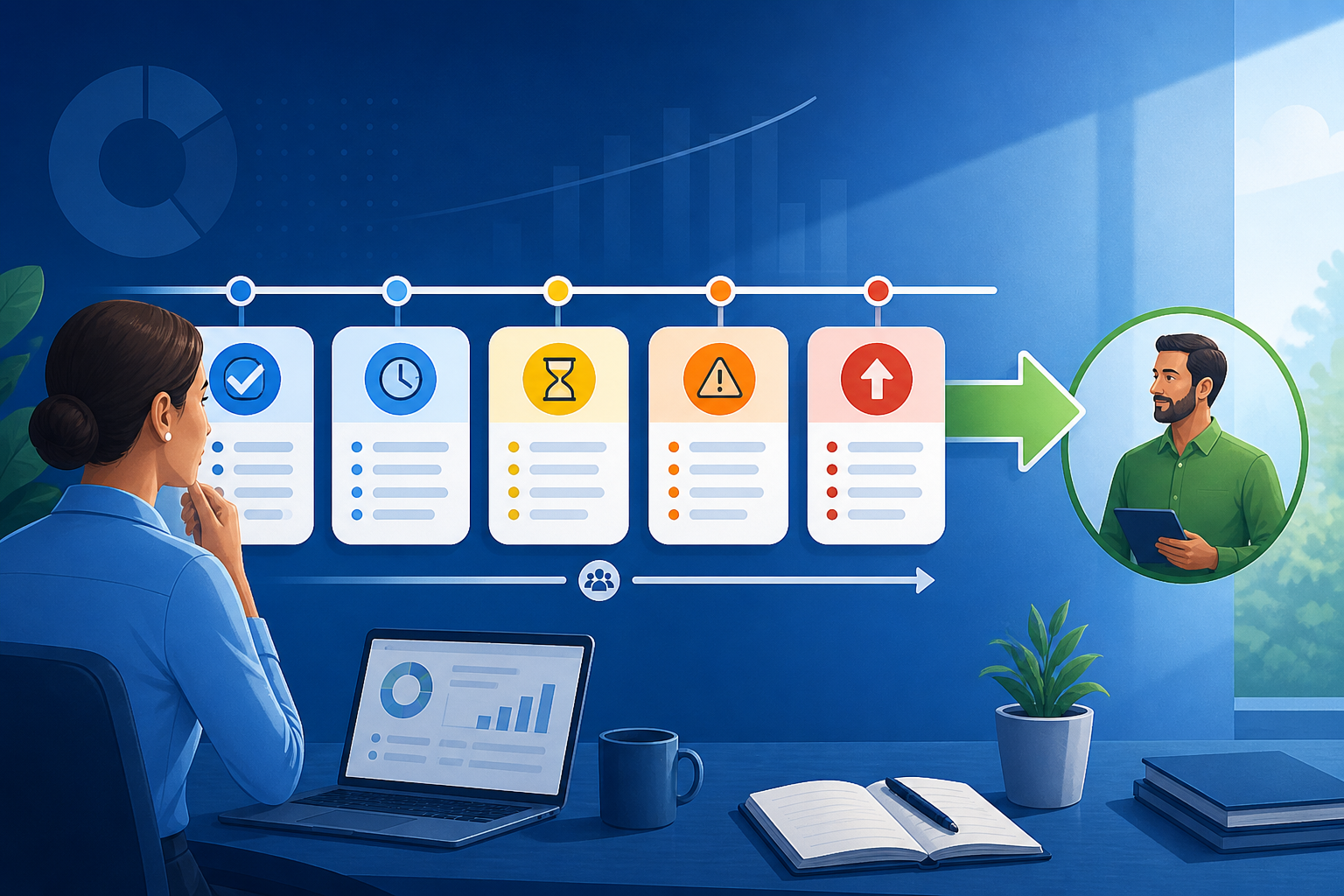 Customer follow-up commitment aging review for outsourced callers editorial illustration