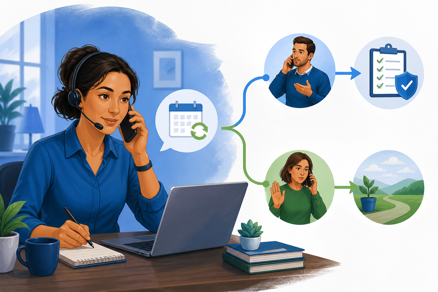 Renewal reminder objection routing for Filipino callers editorial illustration